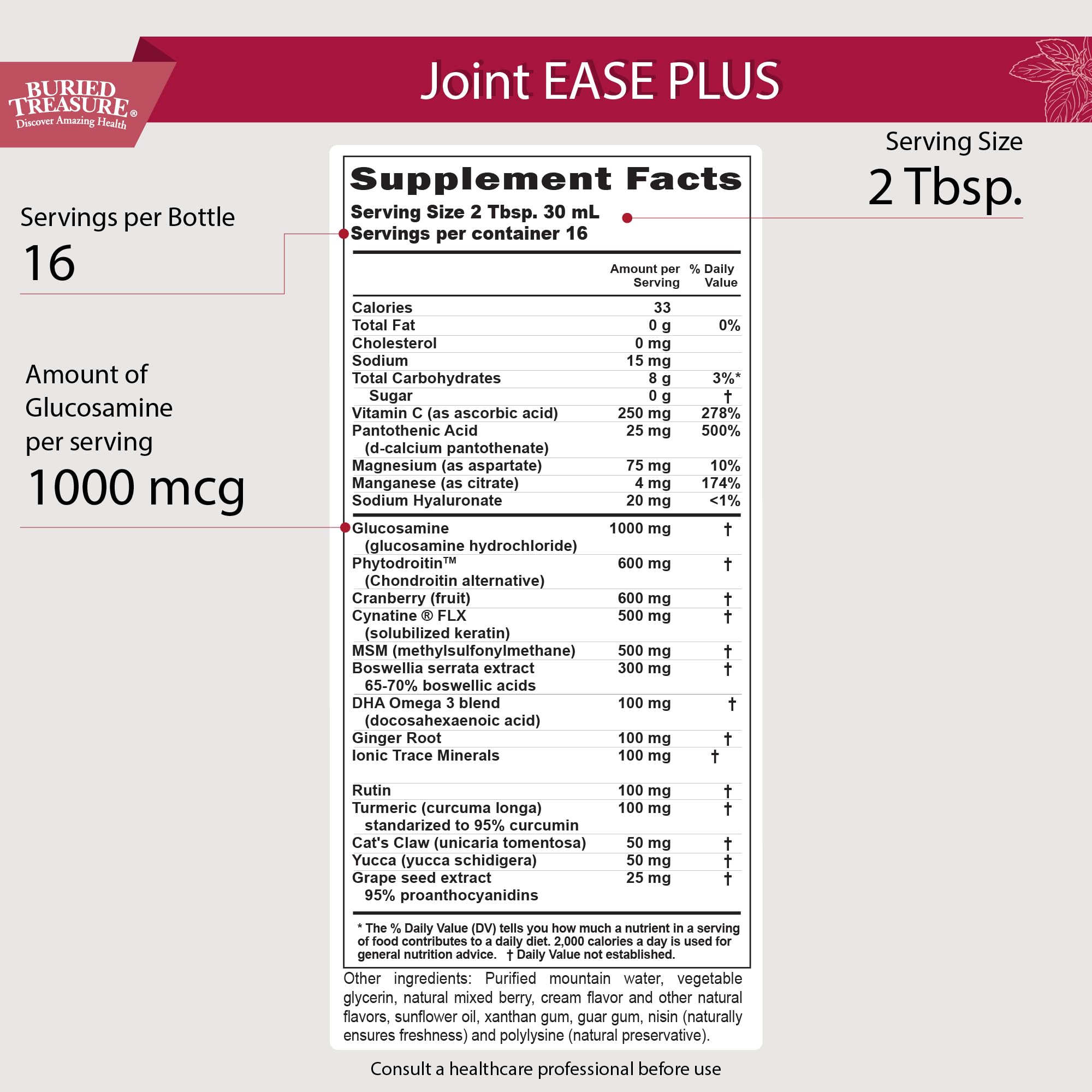 Buried Treasure Joint Ease Plus liquid measure for precise daily intake