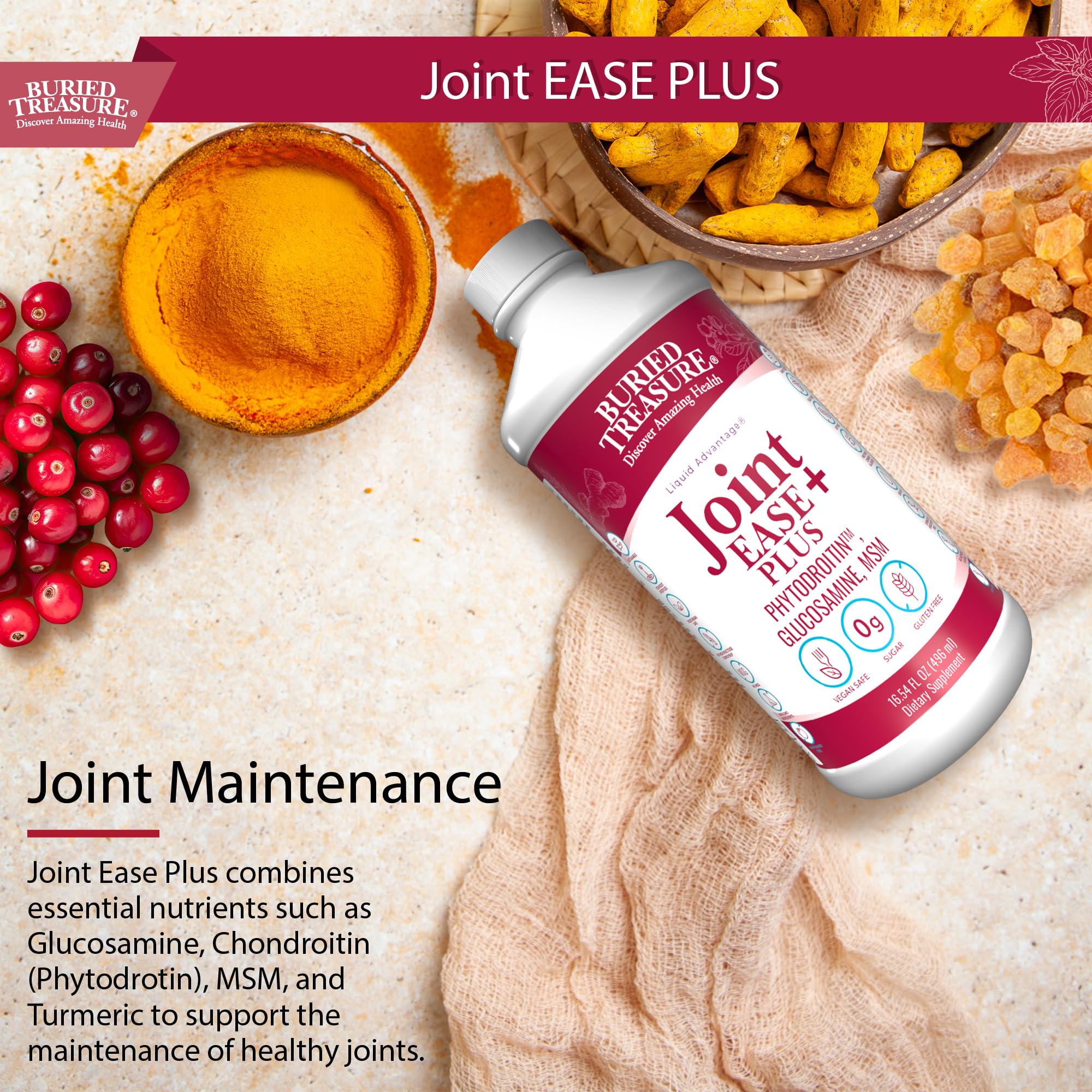 Buried Treasure Joint Ease Plus pour bottle shown with your beverage routine