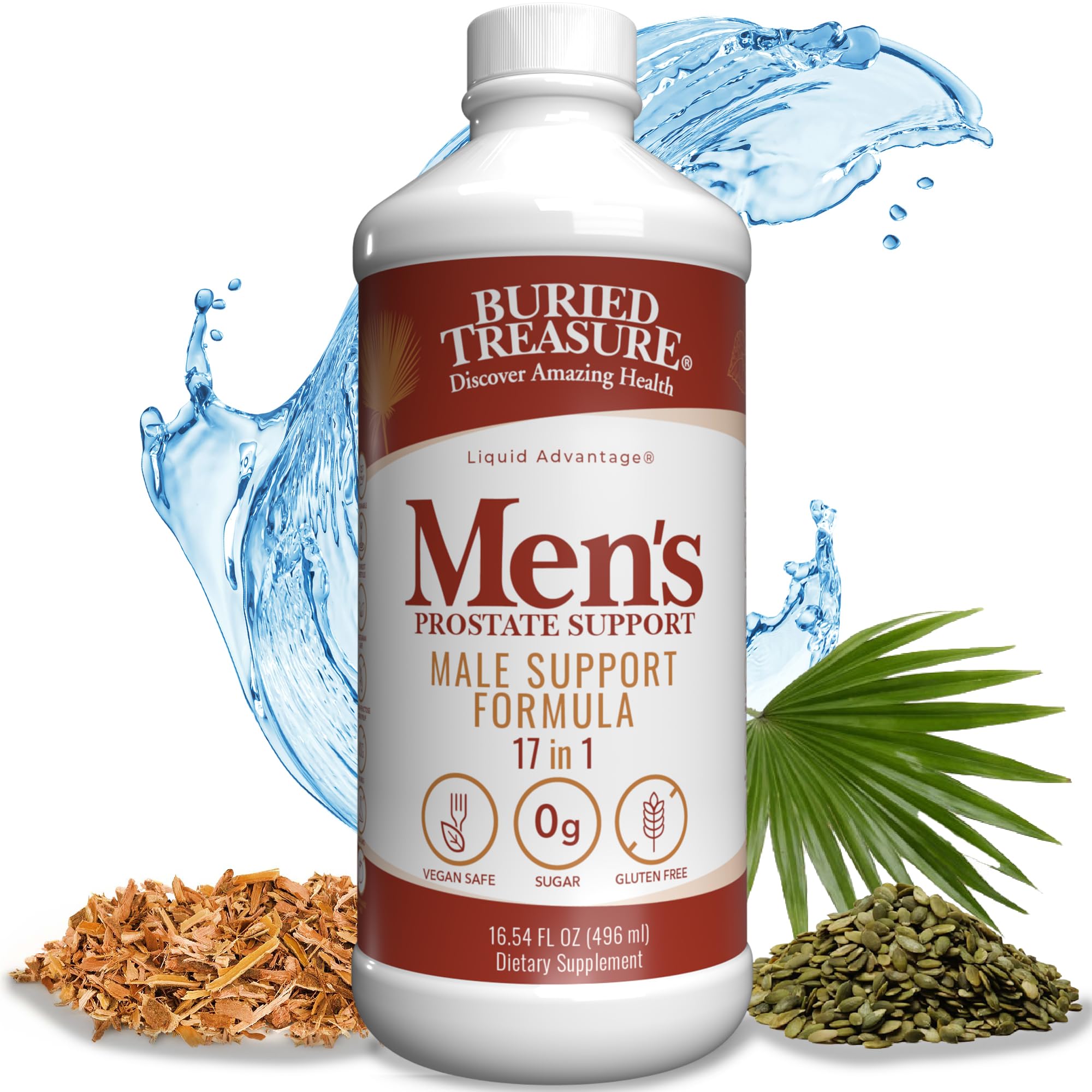 Buried Treasure Men's Prostate Complete bottle close-up showing liquid formula for fast absorption.