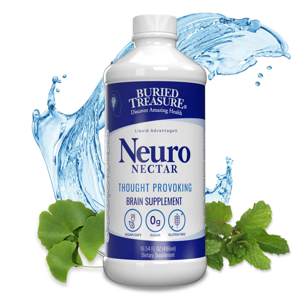 Buried Treasure Neuro Nectar bottle on counter supports quick focus.