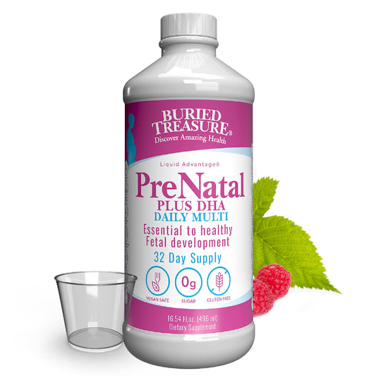 Buried Treasure Prenatal Plus DHA Complete bottle front view for high-potency prenatal support.