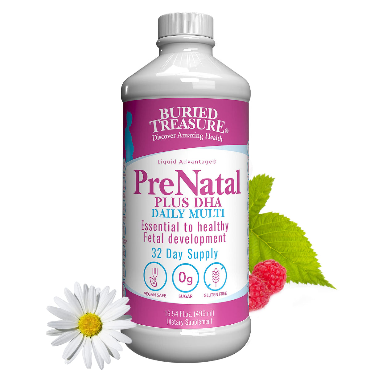 Buried Treasure Prenatal Plus DHA Complete liquid bottle for easy daily supplementation during pregnancy.