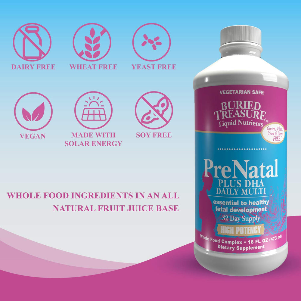 Buried Treasure Prenatal Plus DHA Complete orange banana flavor emphasis.