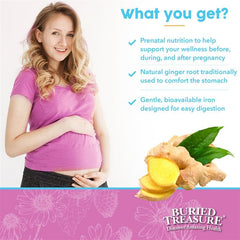 Buried Treasure Prenatal Plus DHA Complete plant-based DHA highlights vegetarian nutrition.