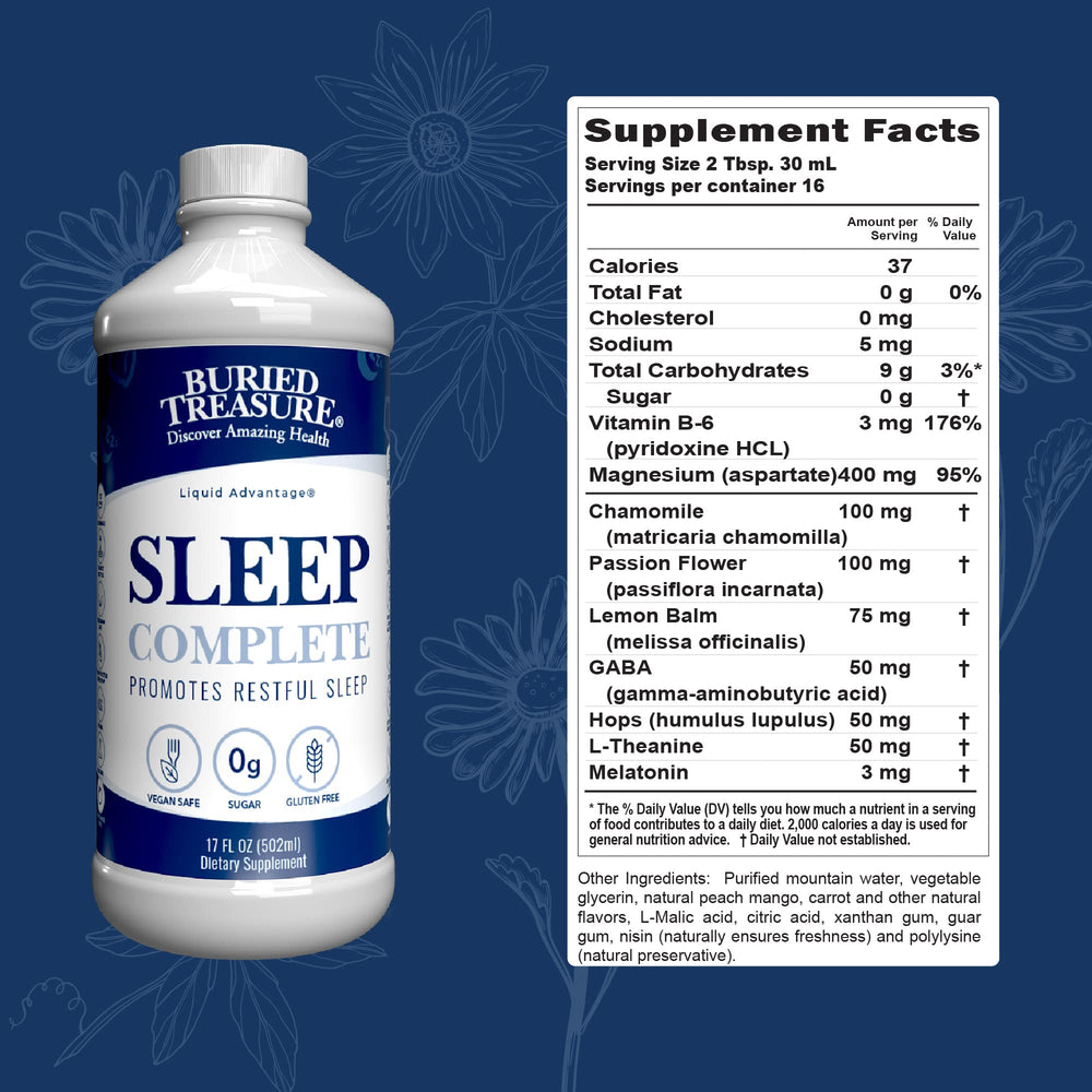 Buried Treasure Sleep Complete ingredients display emphasizes natural botanicals for restful nights.
