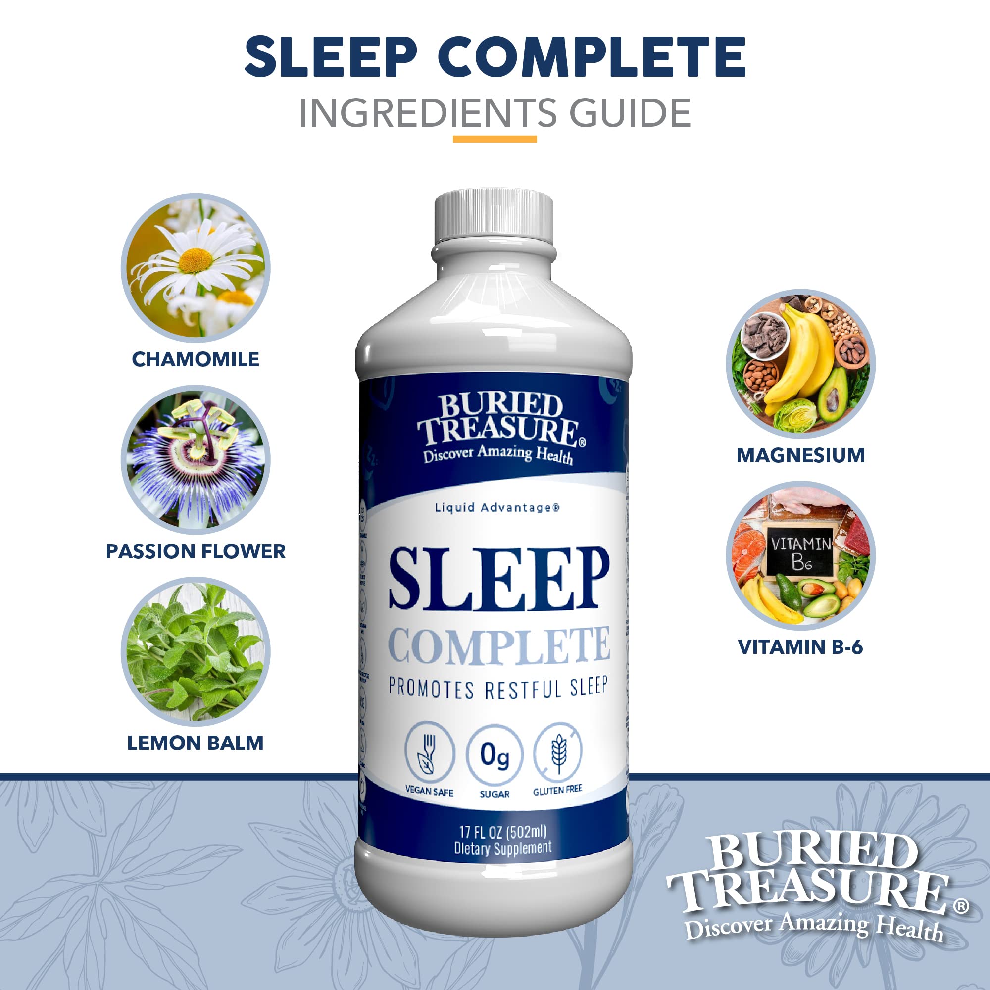 Buried Treasure Sleep Complete beside a glass ready for a bedtime ritual.