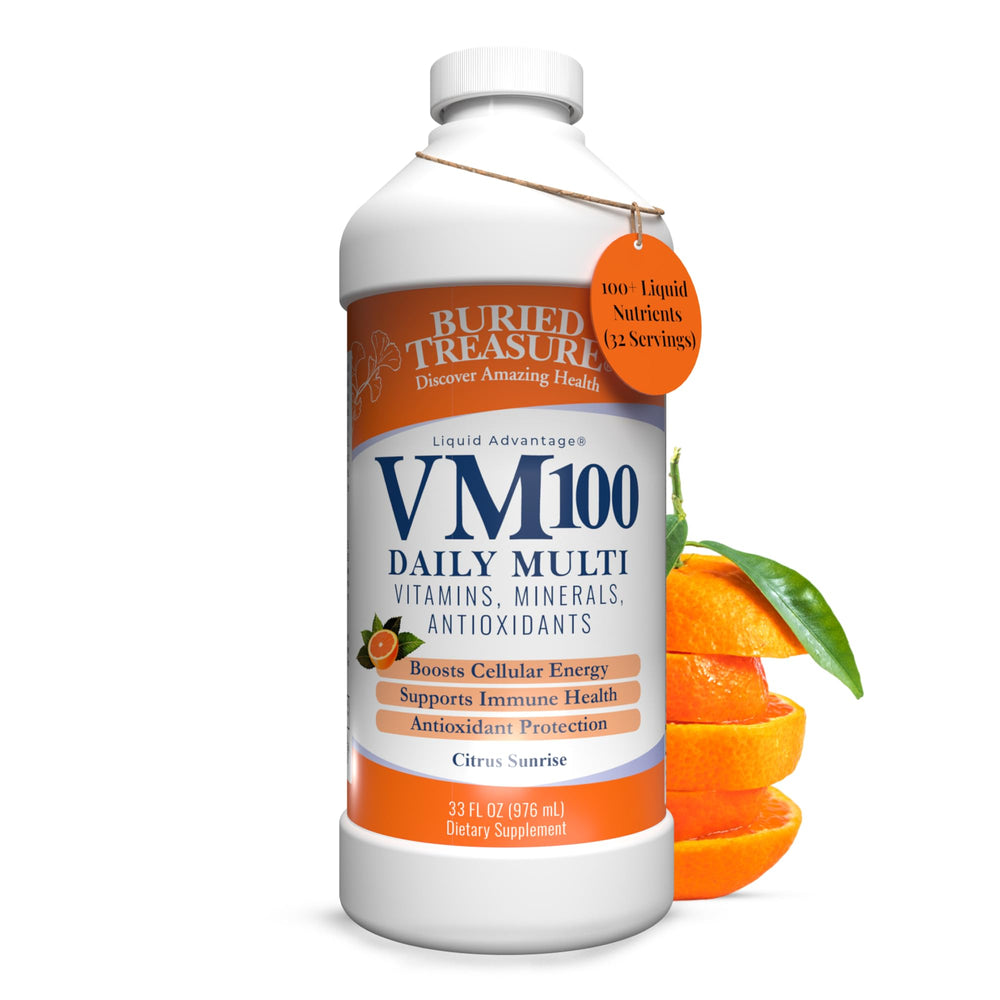 Buried Treasure VM100 bottle pouring liquid multivitamin for daily energy support