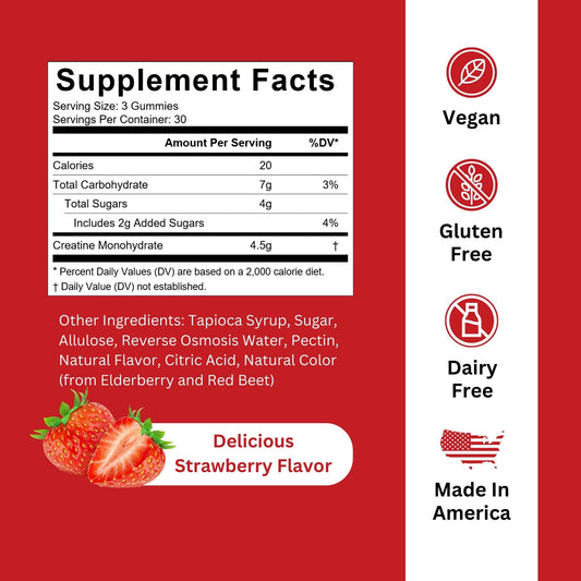 Ingredient panel of Burst Creatine Gummies showing vegan, gluten-free, and non-GMO claims.