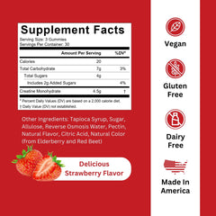 Ingredient panel of Burst Creatine Gummies showing vegan, gluten-free, and non-GMO claims.