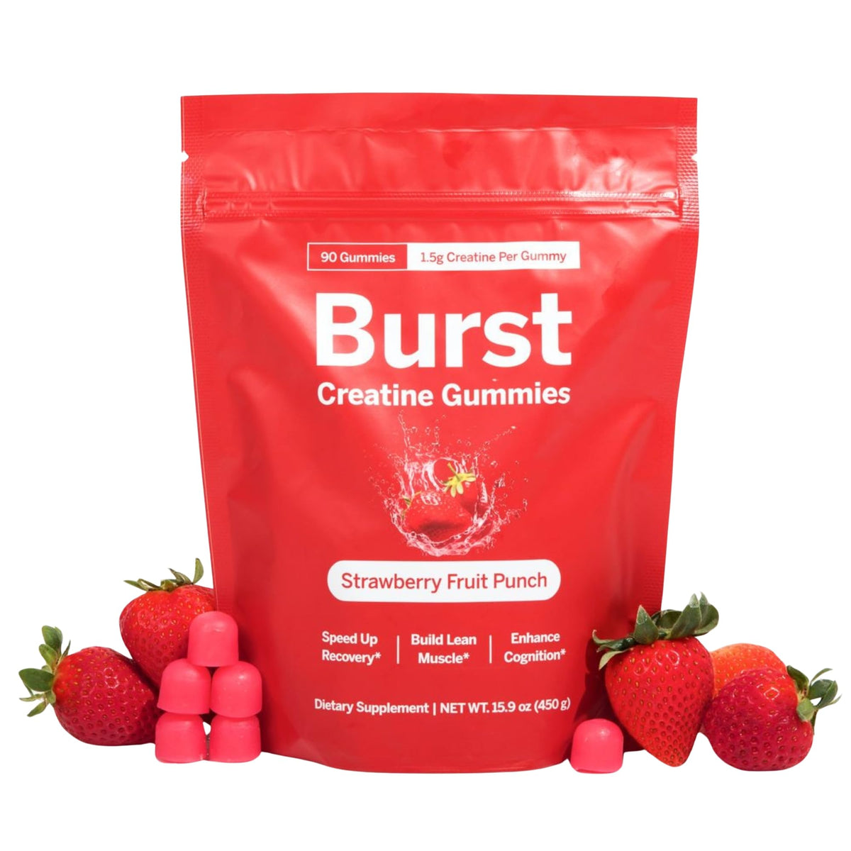 Burst Creatine Gummies bottle featuring strawberry flavor and 1.5g per gummy for lean muscle support.