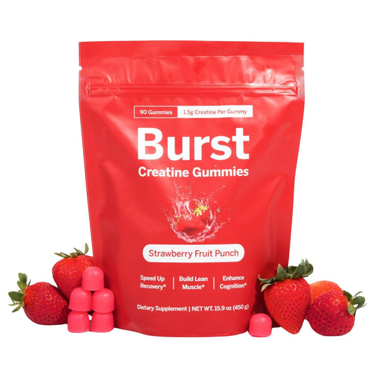 Burst Creatine Gummies bottle featuring strawberry flavor and 1.5g per gummy for lean muscle support.