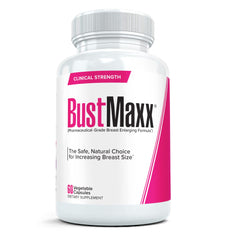 BustMaxx bottle front: natural breast enhancement support with pharmaceutical-grade ingredients.