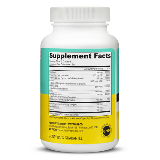 Busy Bee capsule close-up shows vegan B-complex capsules aiding focus.