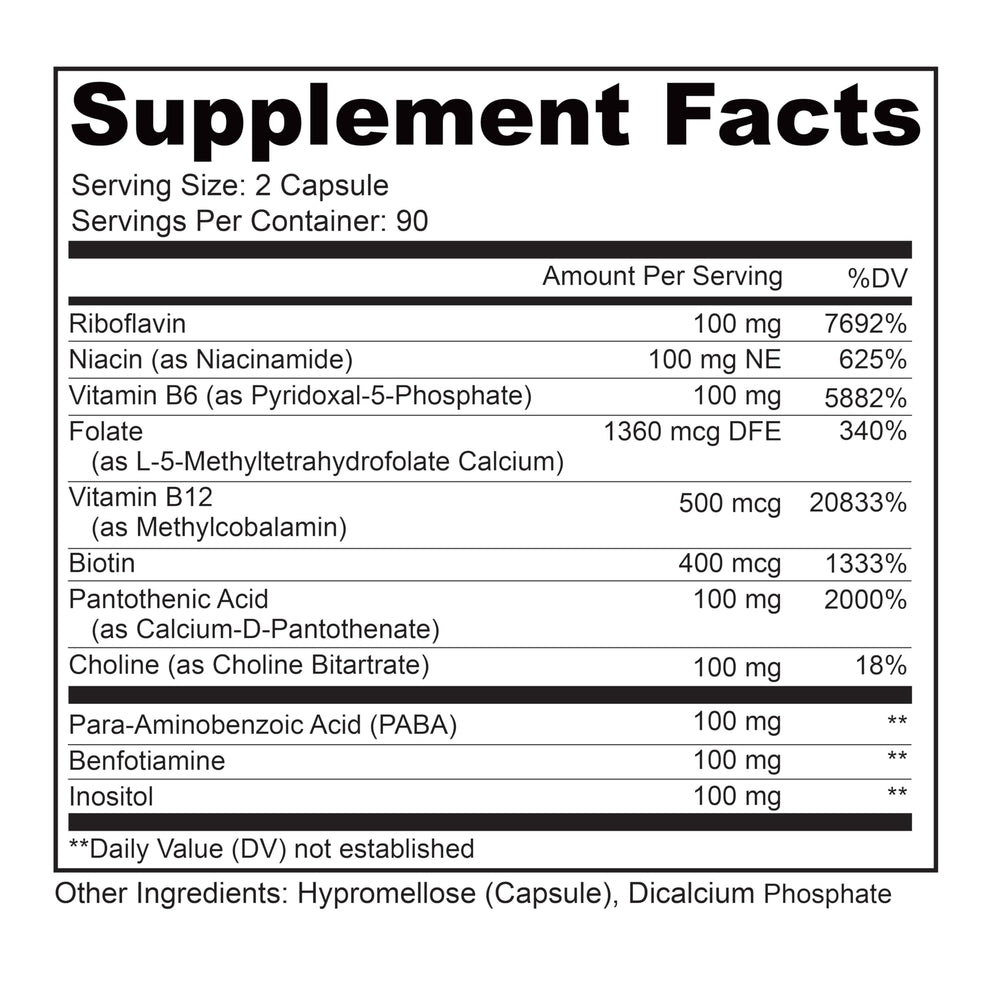 Busy Bee ingredients chart showing B vitamins and choline for energy and clarity.