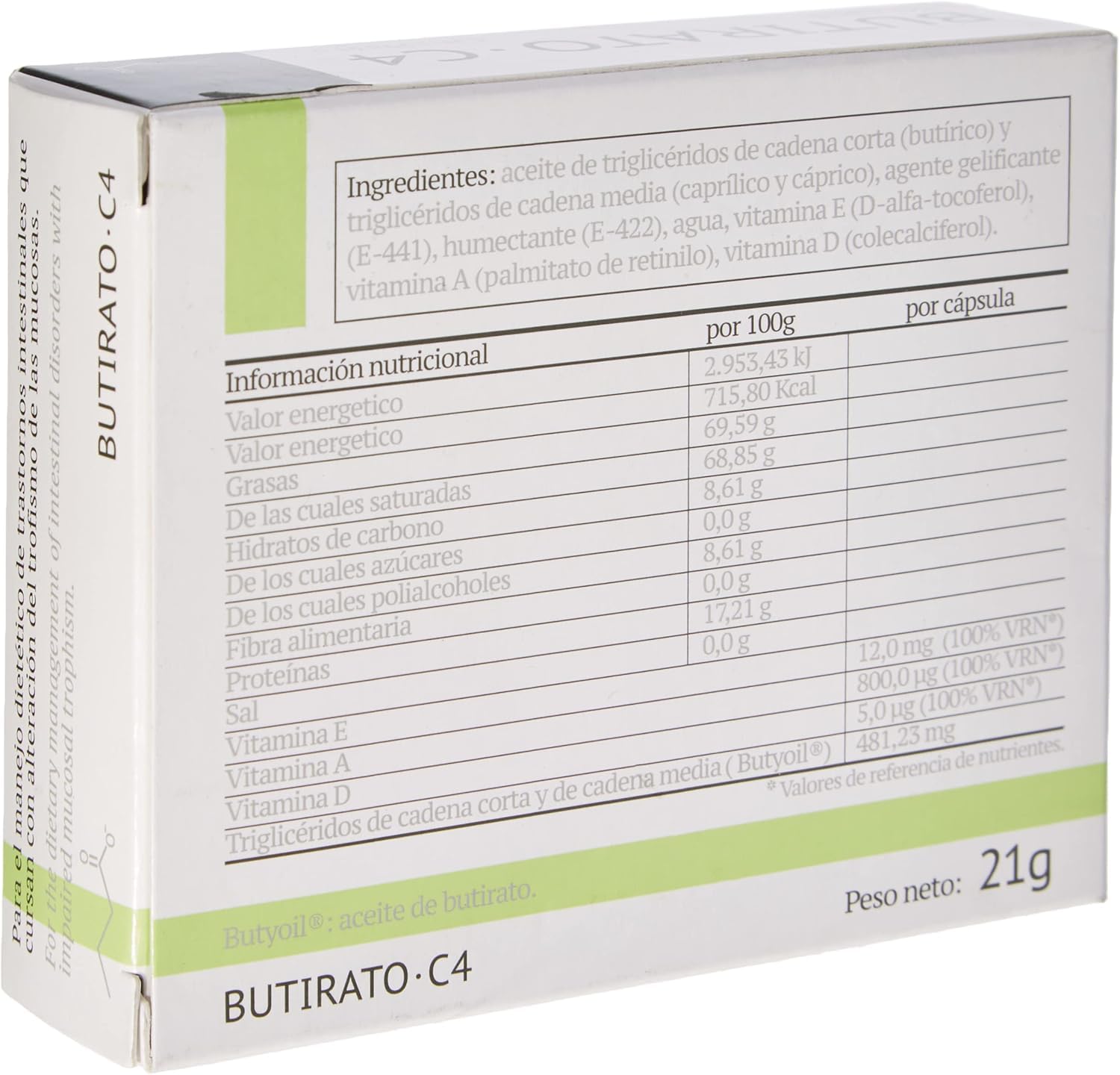 Butycaps Butyrate C4 30cap bottle back highlights ingredients at a glance.