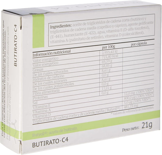 Butycaps Butyrate C4 30cap bottle back highlights ingredients at a glance.
