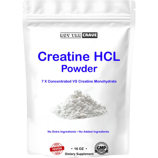 Buy The Crave Creatine HCL powder bottle showing full label and clear strength benefits