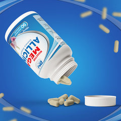 BuyNaturally Potent Allicin bottle label emphasizes non-GMO, natural ingredients.