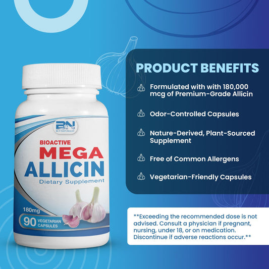Close-up of BuyNaturally Potent Allicin odor-controlled capsule highlighting gluten-free formula.