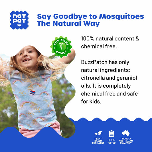Kid wearing bright BuzzPatch sticker demonstrates quick, mess-free application.