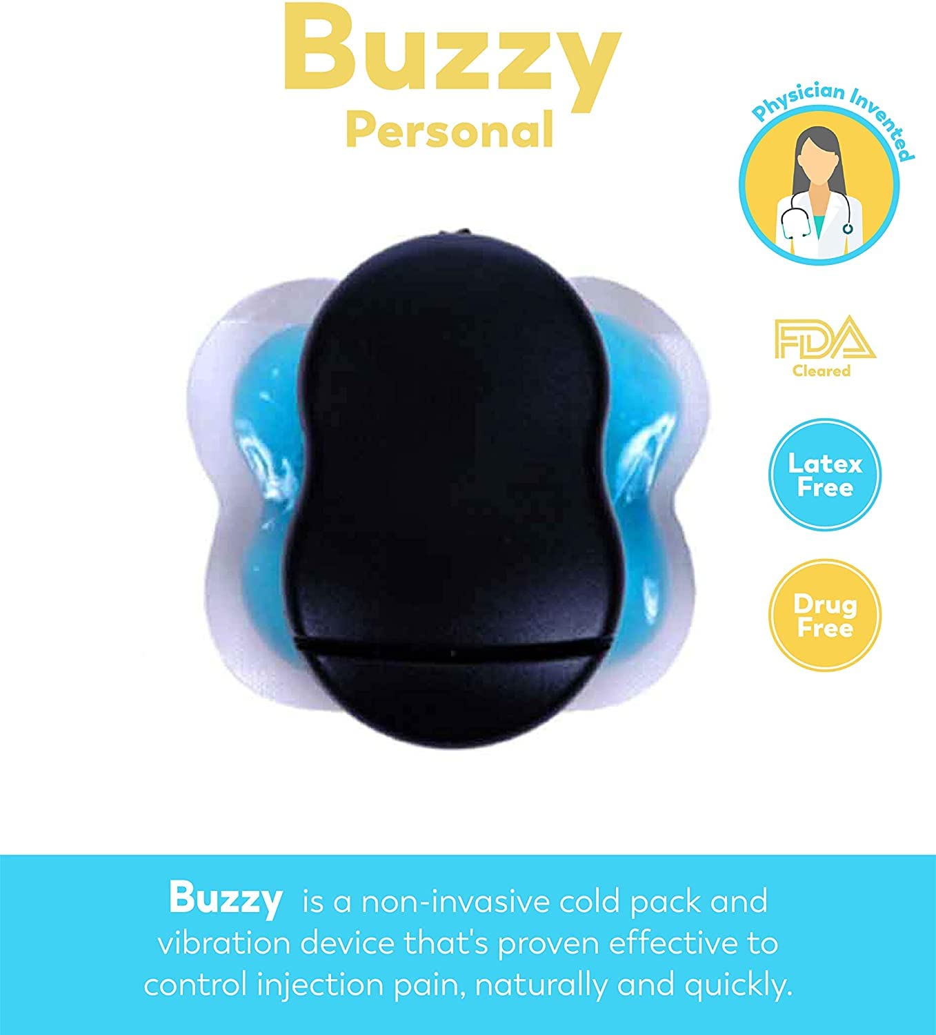Buzzy Personal bundle includes reusable ice wings, instructions, and batteries for easy setup