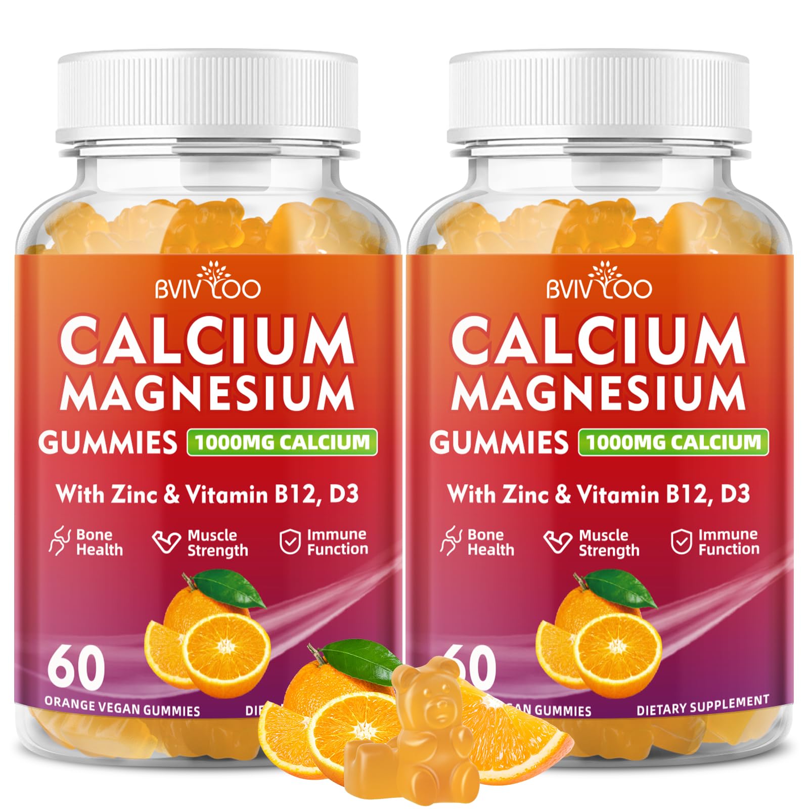 BVIVLOO Calcium Gummies bottle front, orange flavor, bone support.