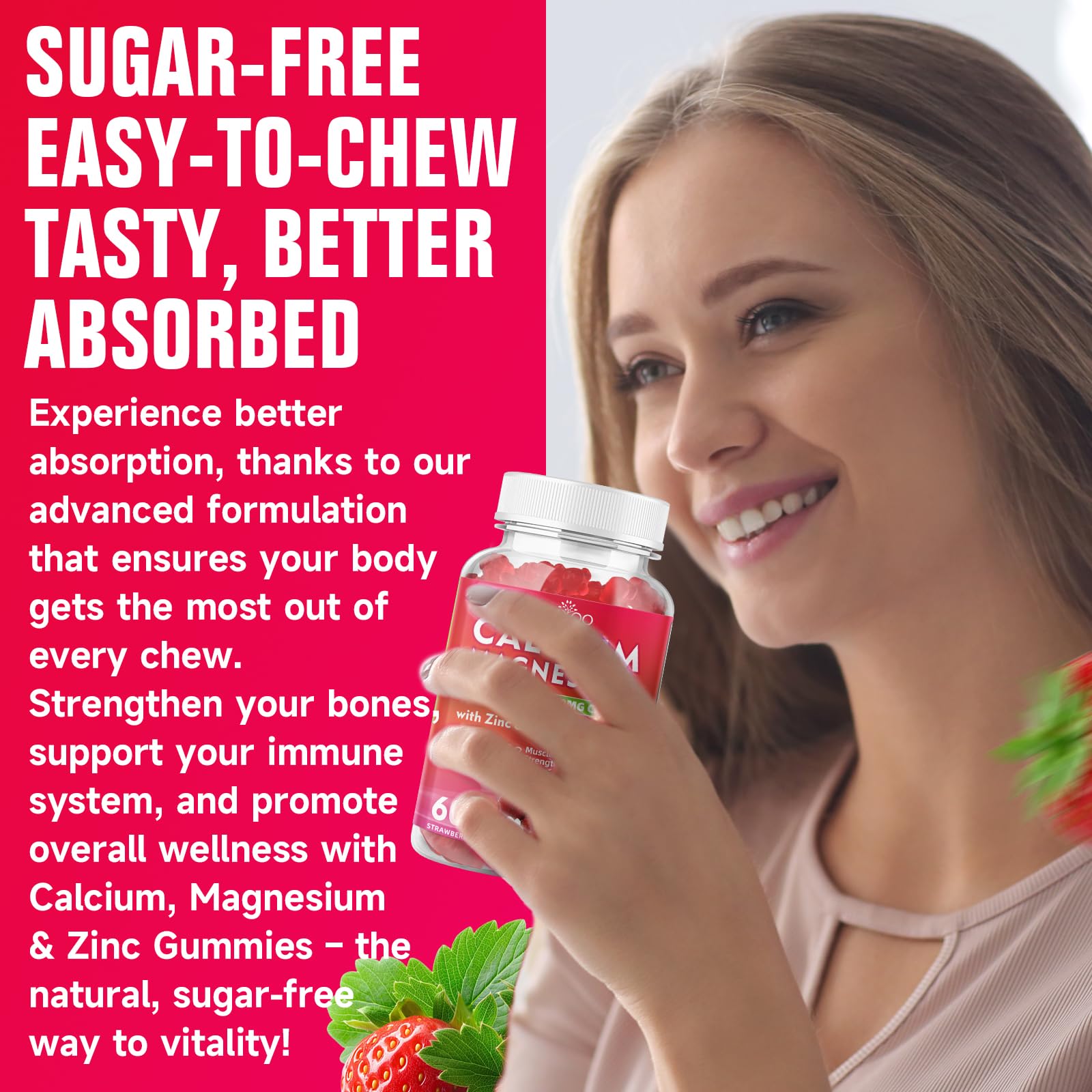 BVIVLOO Calcium Gummies label displays strawberry flavor and vegan formula
