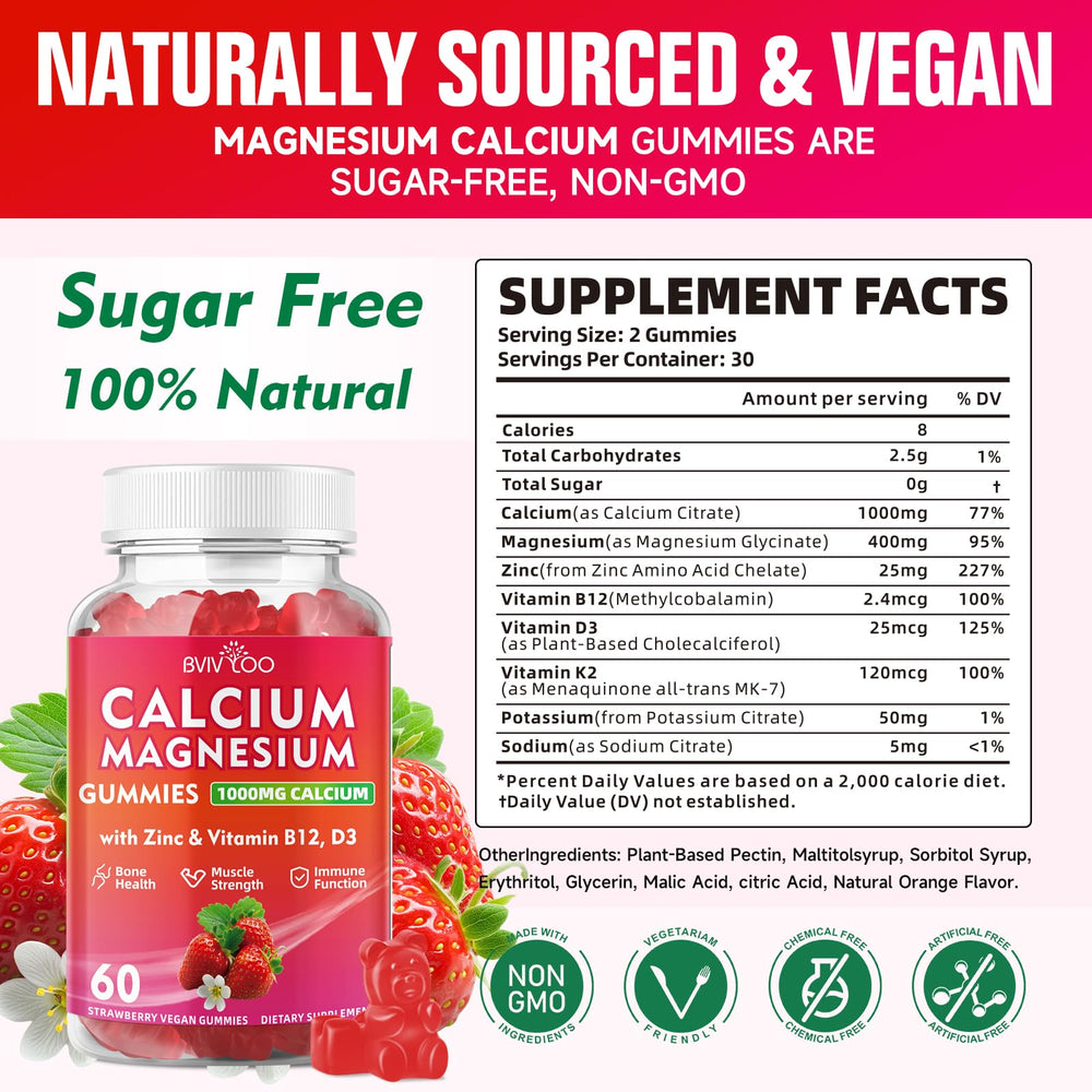 BVIVLOO Calcium Gummies being poured from bottle for easy daily supplementation