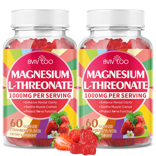 BVIVLOO magnesium L-threonate gummies bottle with strawberry flavor supports daily focus.