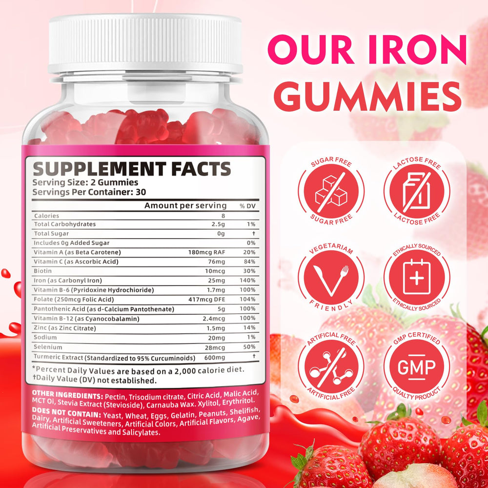 BVIVLOO vegan iron gummies close-up highlighting strawberry flavor and gentle stomach tolerance.