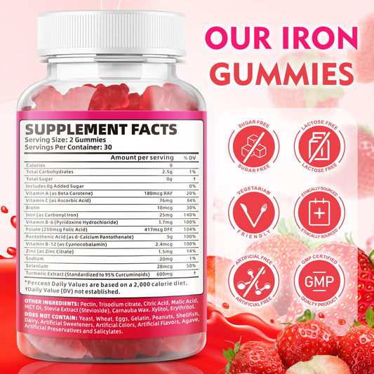 BVIVLOO vegan iron gummies close-up highlighting strawberry flavor and gentle stomach tolerance.