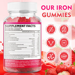 BVIVLOO vegan iron gummies close-up highlighting strawberry flavor and gentle stomach tolerance.