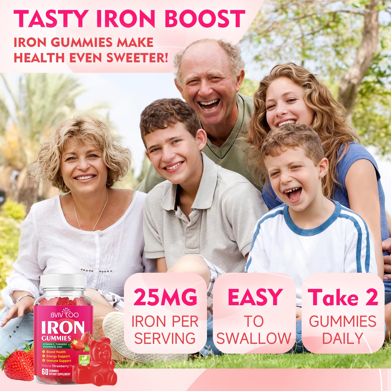 BVIVLOO vegan iron gummies in a two-pack display highlighting convenience.