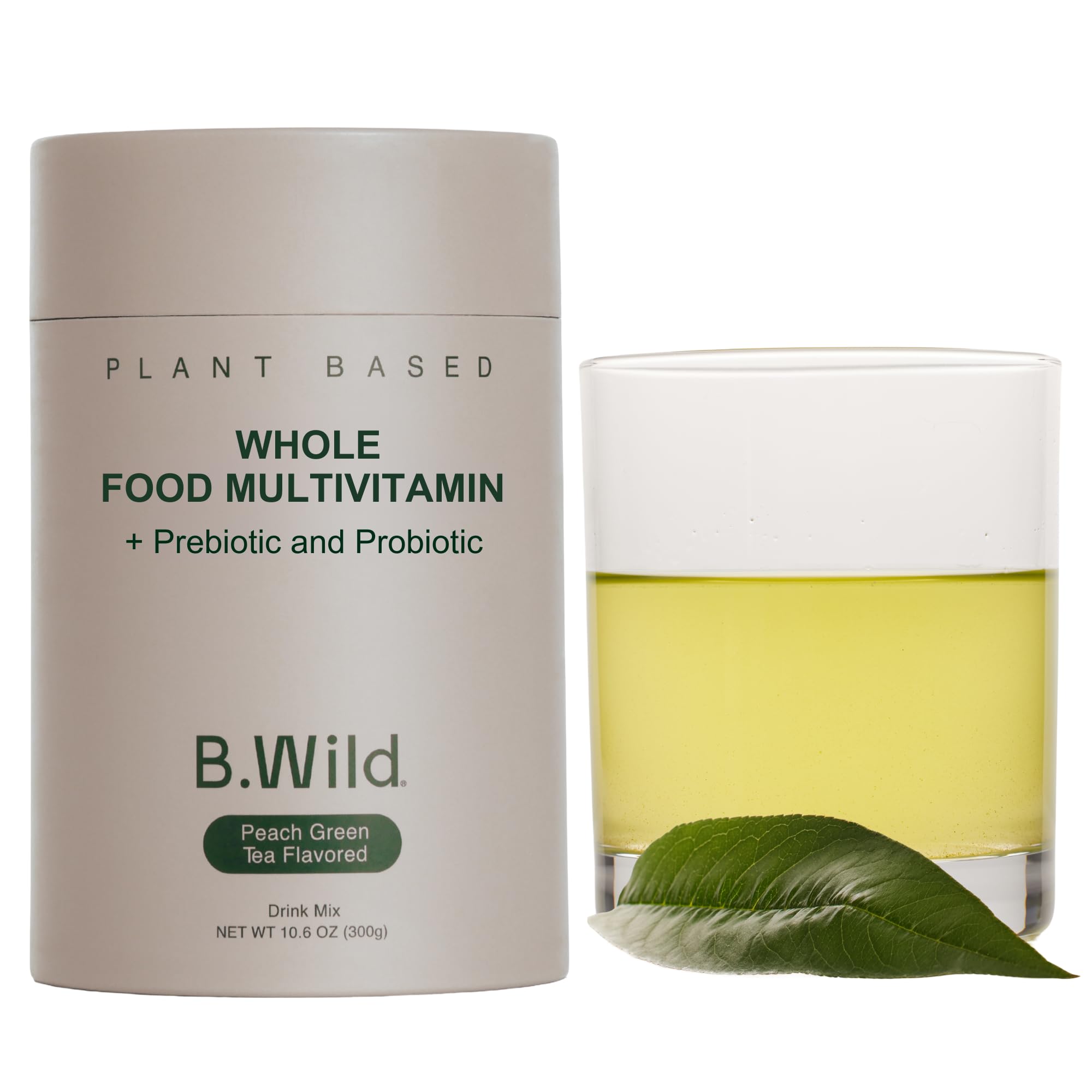 Bwild plant-based multivitamin bottle shows peach green tea flavor for daily wellness.