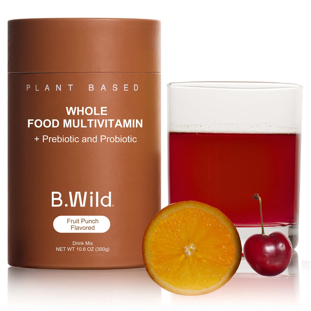 B.WILD plant-based multivitamin tub front view supports daily wellness for vegan diets.