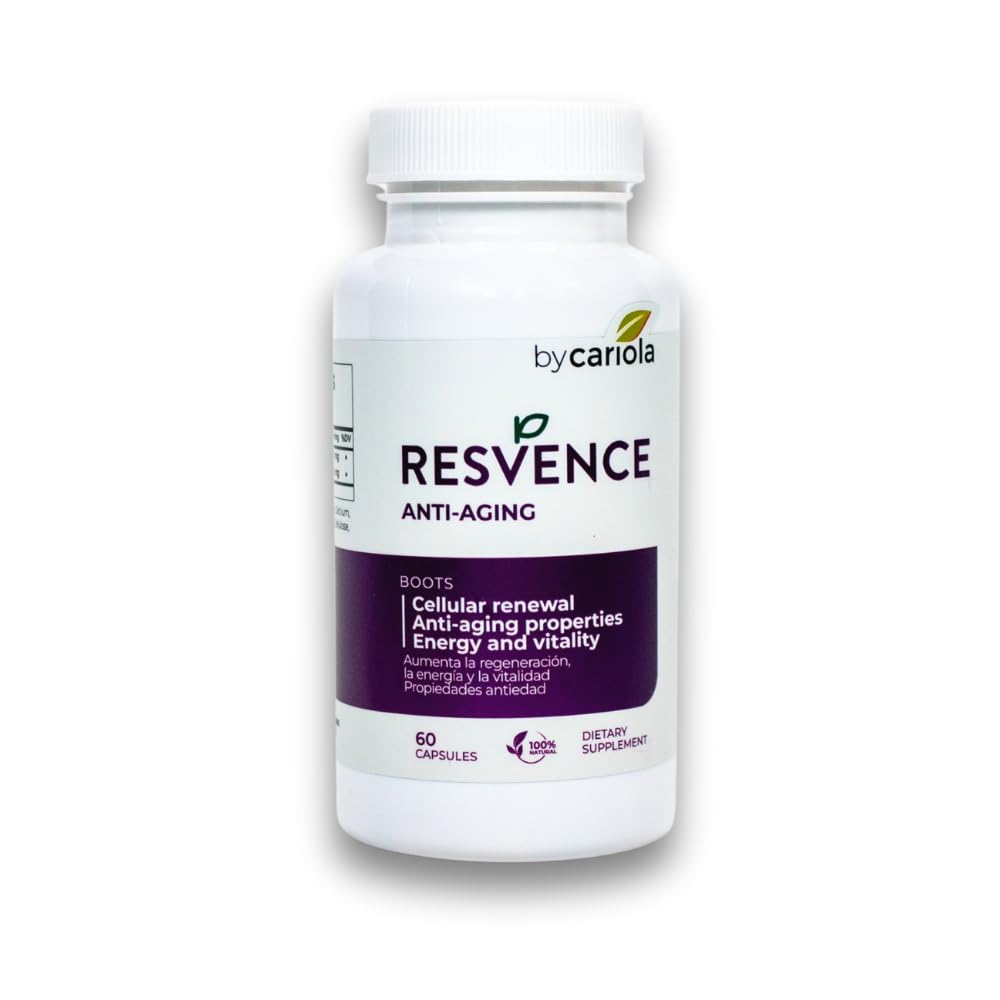BY CARIOLA Resvence bottle front showcasing antioxidant capsules for daily wellness.