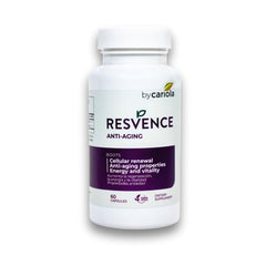 BY CARIOLA Resvence bottle front showcasing antioxidant capsules for daily wellness.