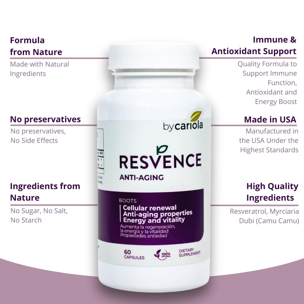BY CARIOLA Resvence ingredients closeup highlights resveratrol content and antioxidant potential.
