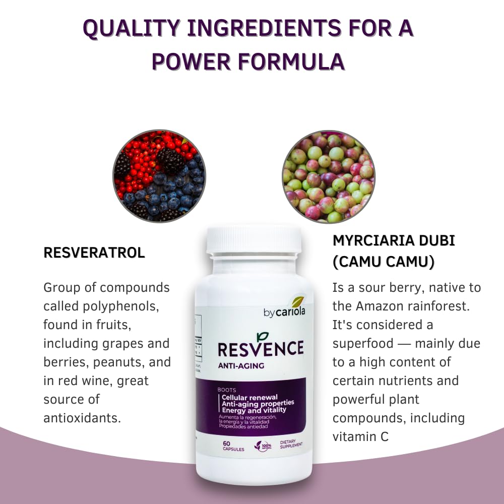 BY CARIOLA Resvence label packaging emphasizes USA-made quality and natural ingredients.