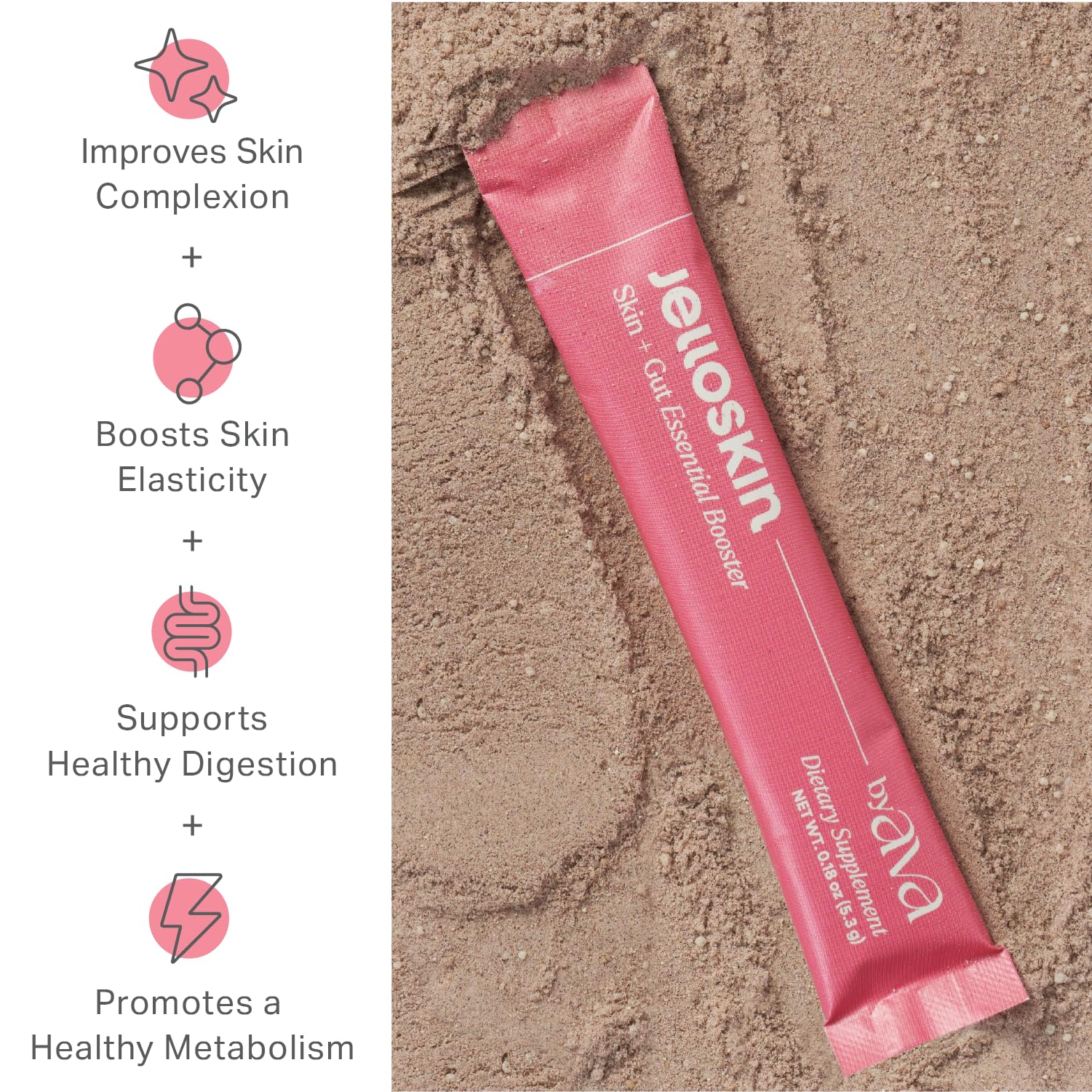Powder dispensed from scoop shows texture for healthy digestion.