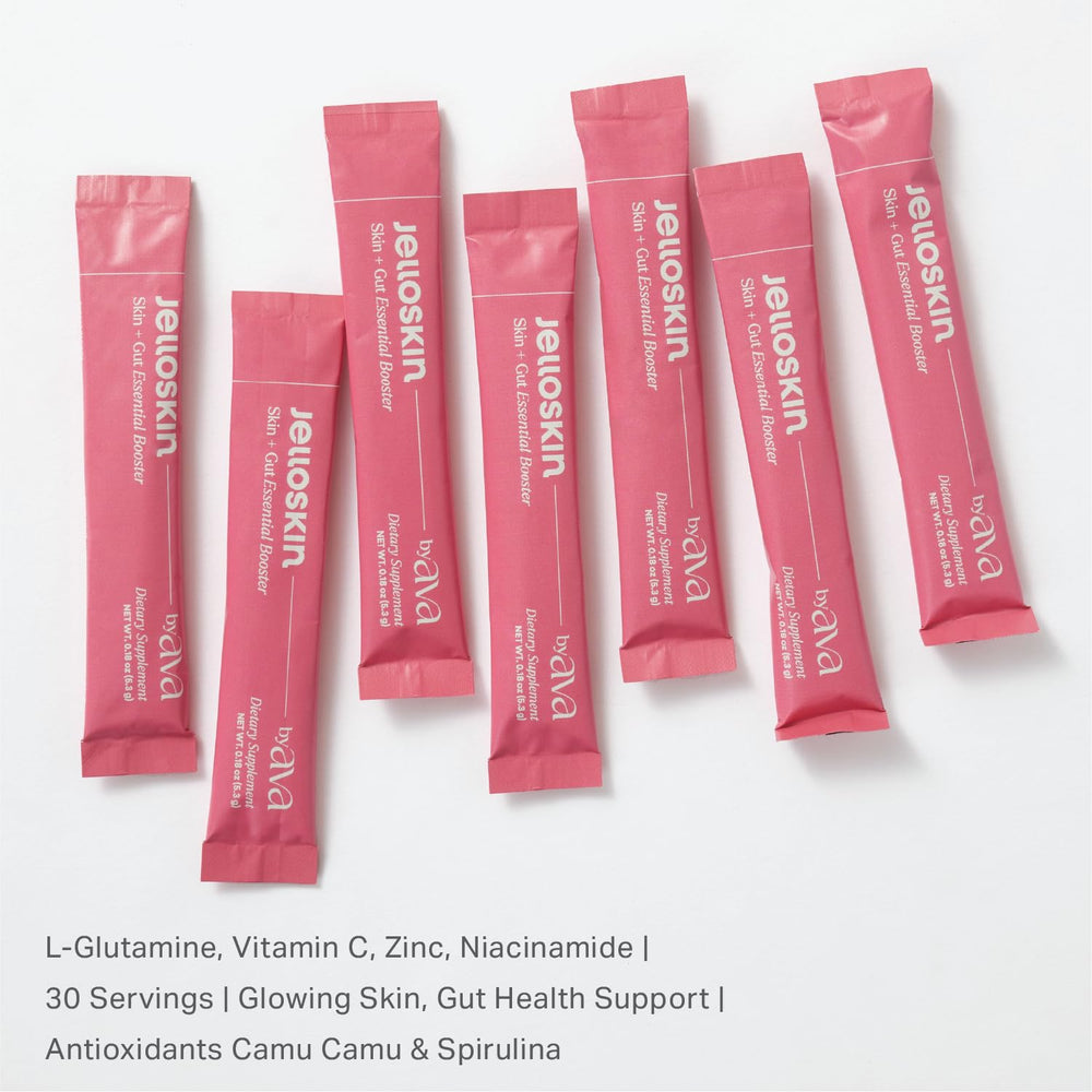 Scoop in jar highlights powder texture for skin glow and gut support.
