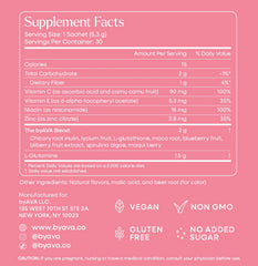 Close-up label reveals antioxidant-rich formula for skin vitality.
