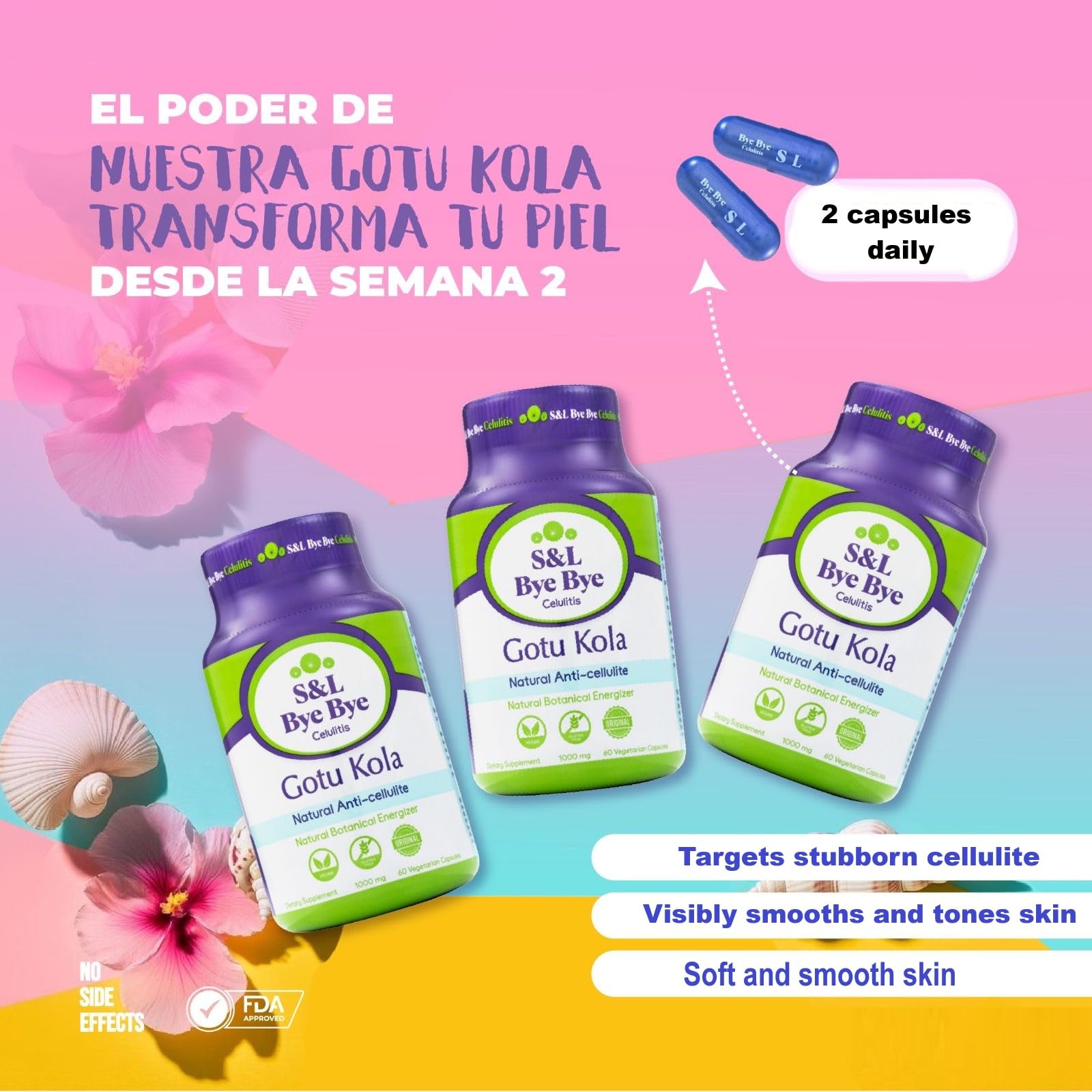 Bye Bye Gotu Kola capsules closeup emphasizing herbal wellness in easy capsules.