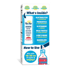 Bye-Bye Weekend detox drink mix icon graphic shows probiotics and herbal ingredients