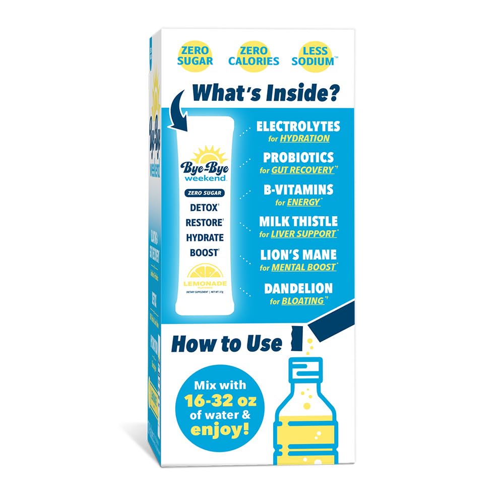 Bye-Bye Weekend liver-support ingredients near bottle suggest gentle digestion aid.