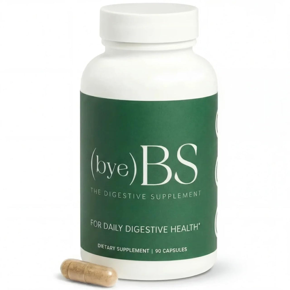 ByeBS Digestive Support psyllium husk bottle promotes regularity and balance