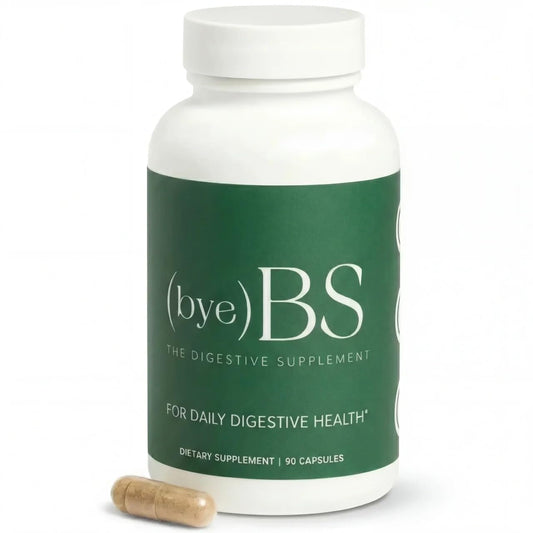 ByeBS Digestive Support psyllium husk bottle promotes regularity and balance