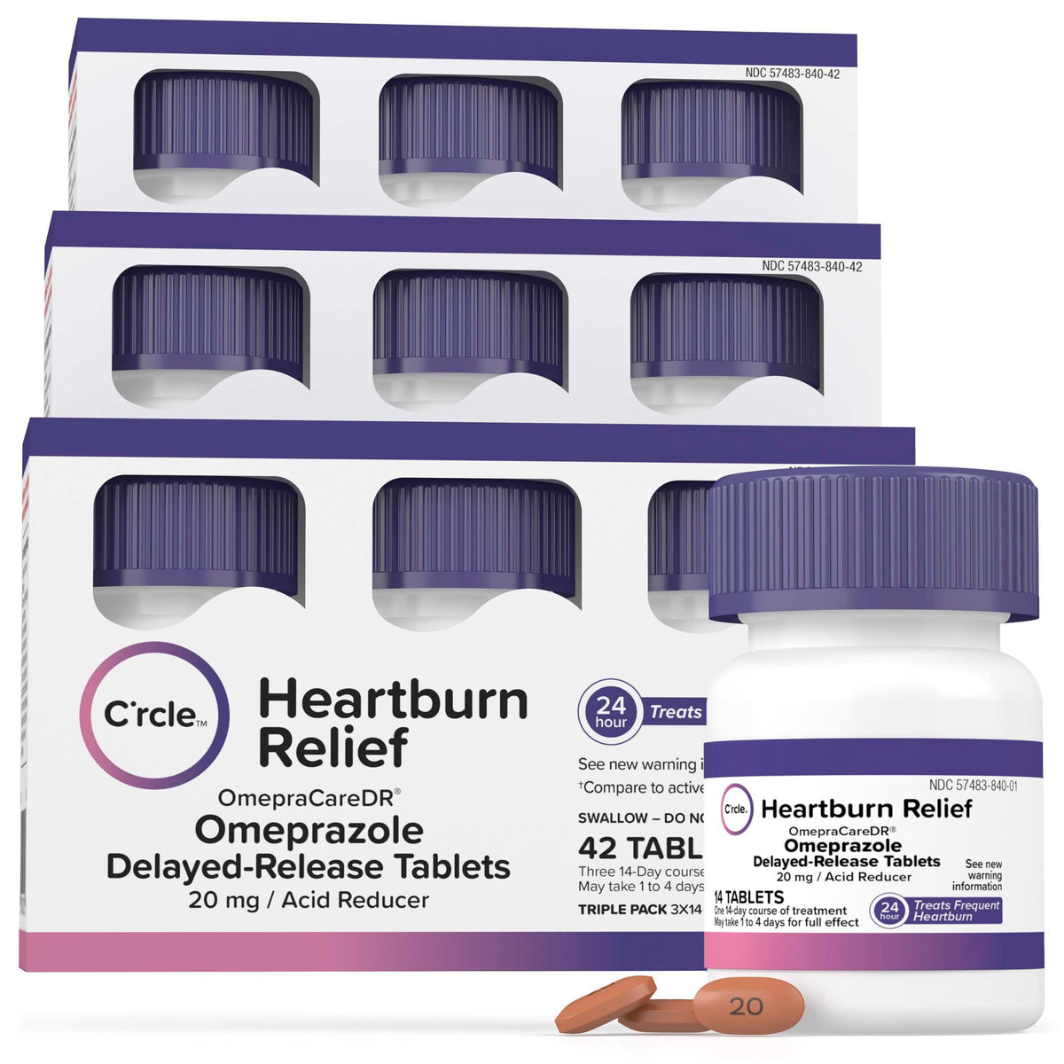 C'rcle Omeprazole 20mg tablets bottle displaying daily heartburn relief potential