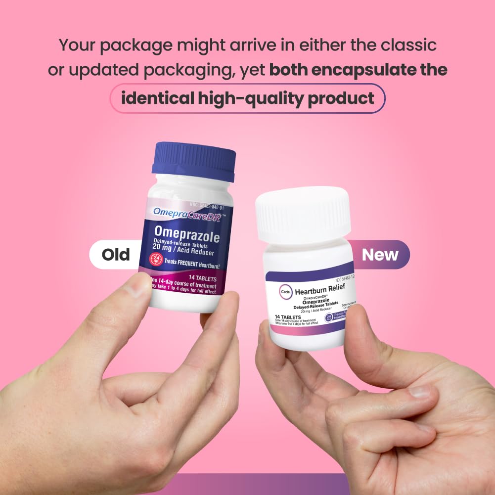 C'rcle Omeprazole 20mg tablets front label showing dosing and claim