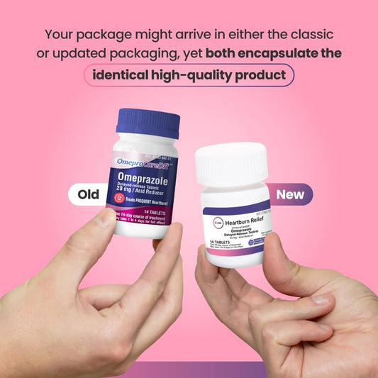 C'rcle Omeprazole 20mg tablets front label showing dosing and claim